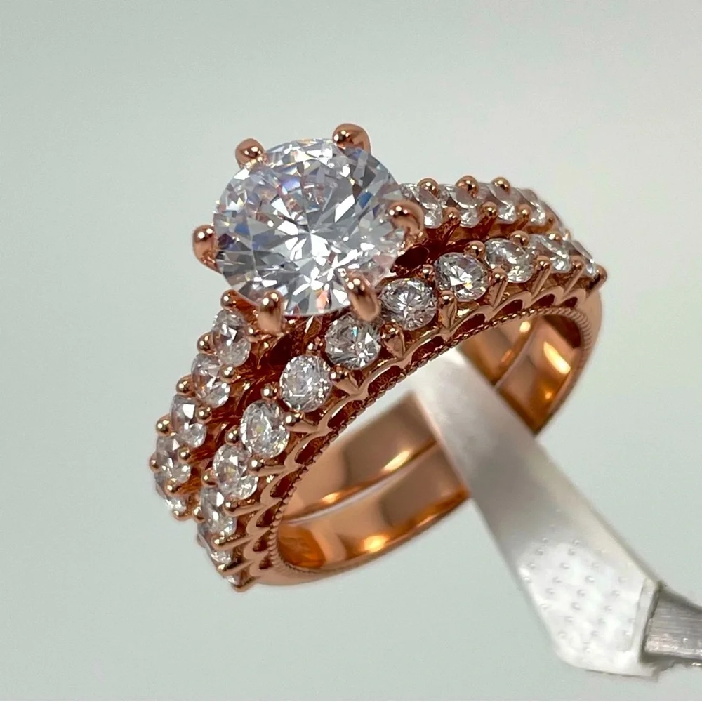 White 5A Cubic Zirconia Diamond Like Solid Silver Rose Gold‎ Tone Ring Set Sz 7